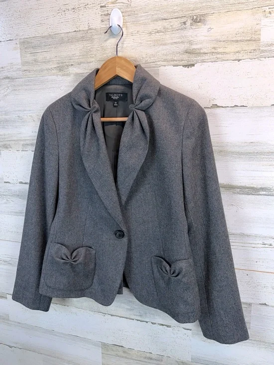 Talbots Wool Bow Blazer Gray Petite Preppy Officecore Coquette Chic Sz 10P - Picture 3 of 12
